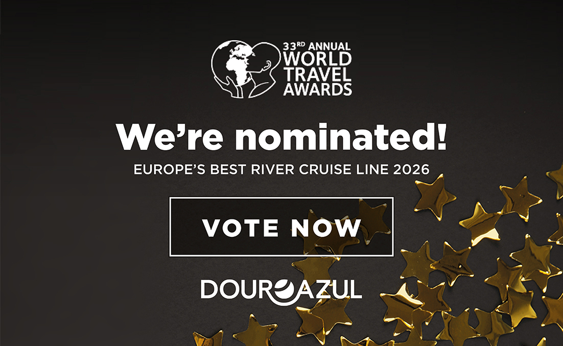 World Travel Awards graphic announcing DouroAzul’s nomination for “Europe’s Best River Cruise Line 2026,” featuring a “Vote Now” call-to-action.