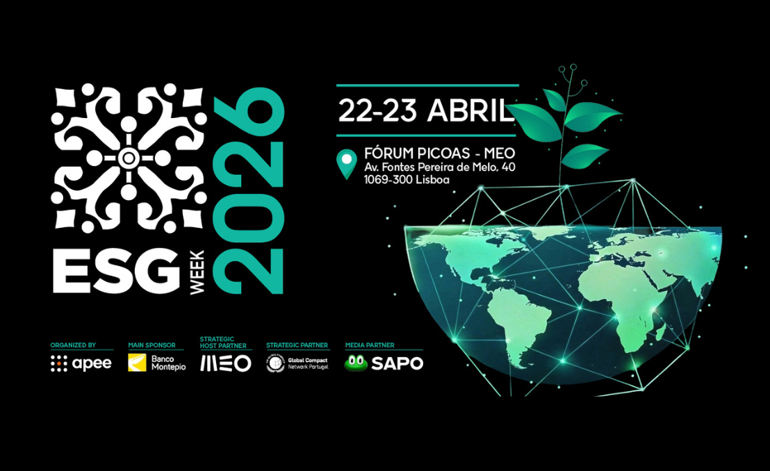Cartel del evento ESG WEEK 2026 con fechas, ubicación en Lisboa y gráficos ambientales